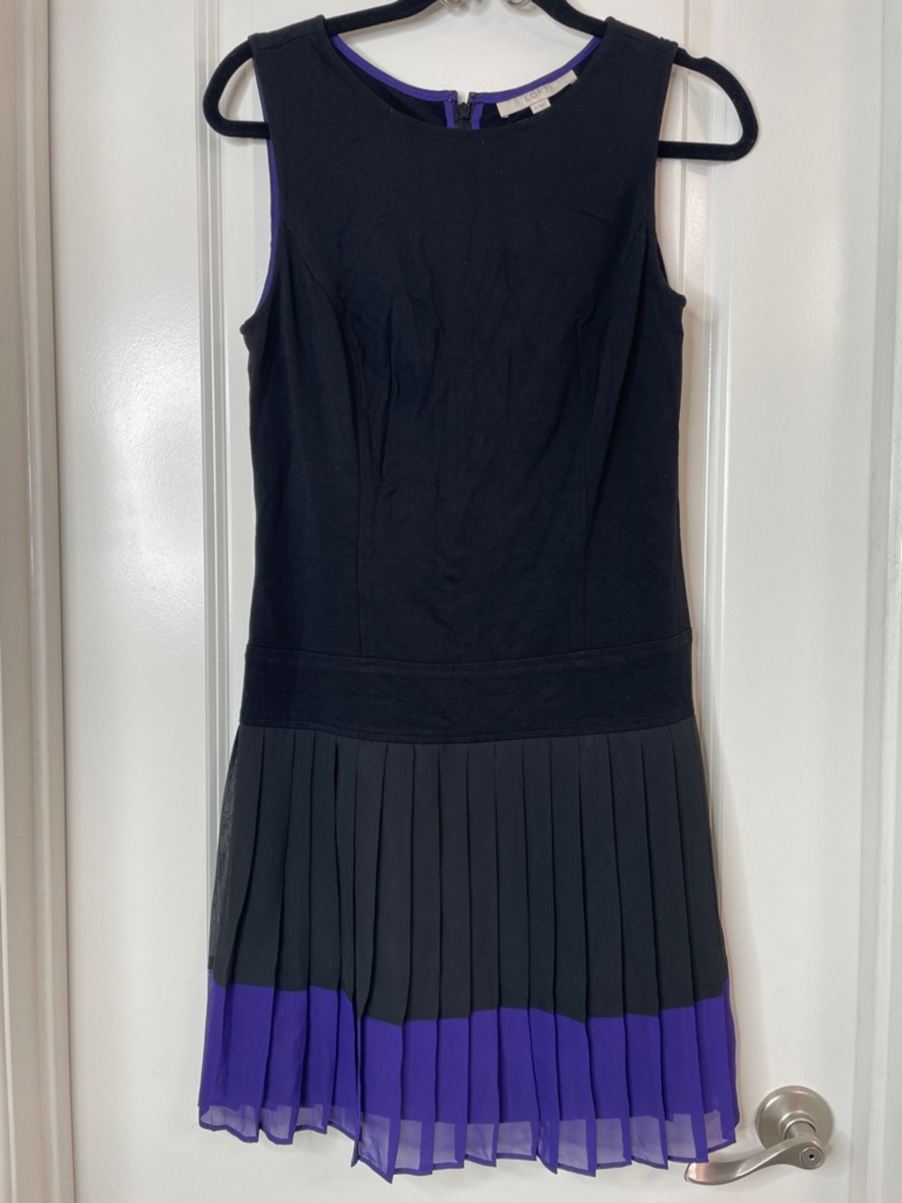 LOFT Black Sleeveless Dress with Purple Pleated Hem